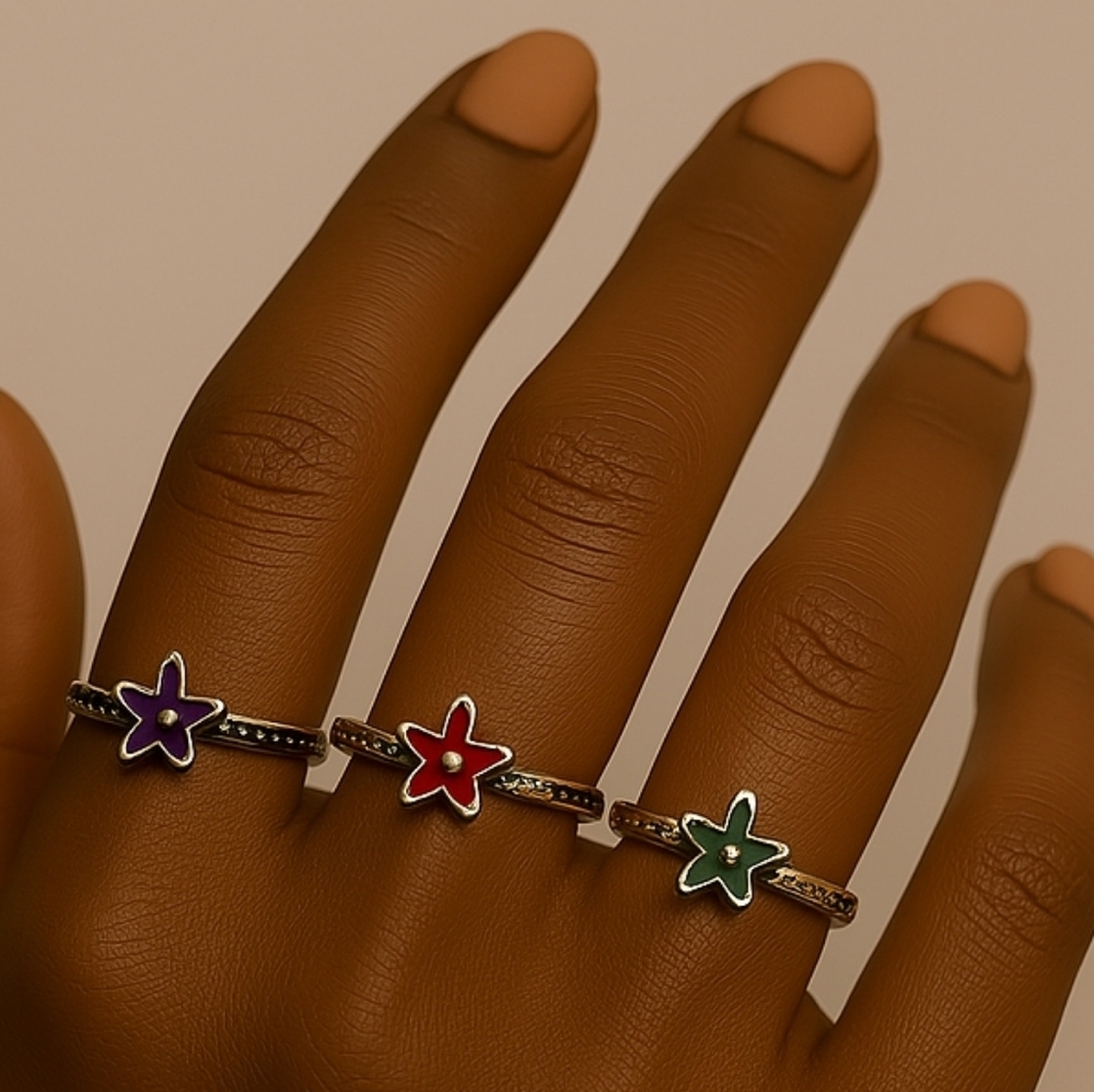 Set of 3 Silver tone Colorful Flower Design Rings - Women's Fashion Jewelry